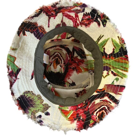 Floral Pistil Bucket Hat Cream Red Pink Flowers Khaki Band Boho Resort Wear - Picture 7 of 9